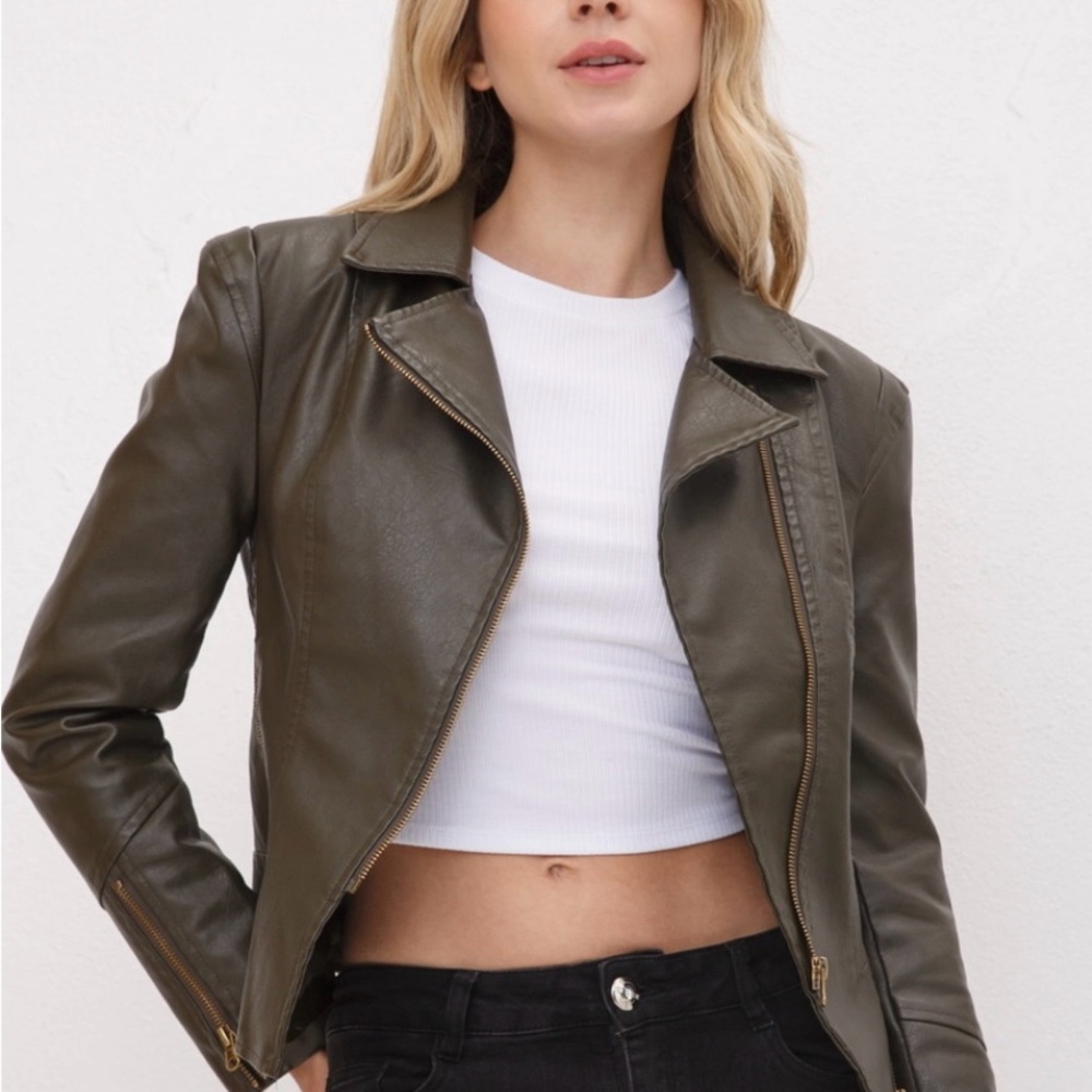 Gold Zipper Detail Faux Leather Jacket
